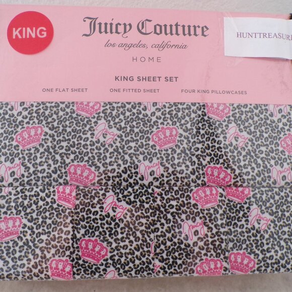 JUICY COUTURE SHEET SET KING Cheetah Crowns Juicy Print NEW - Picture 1 of 5